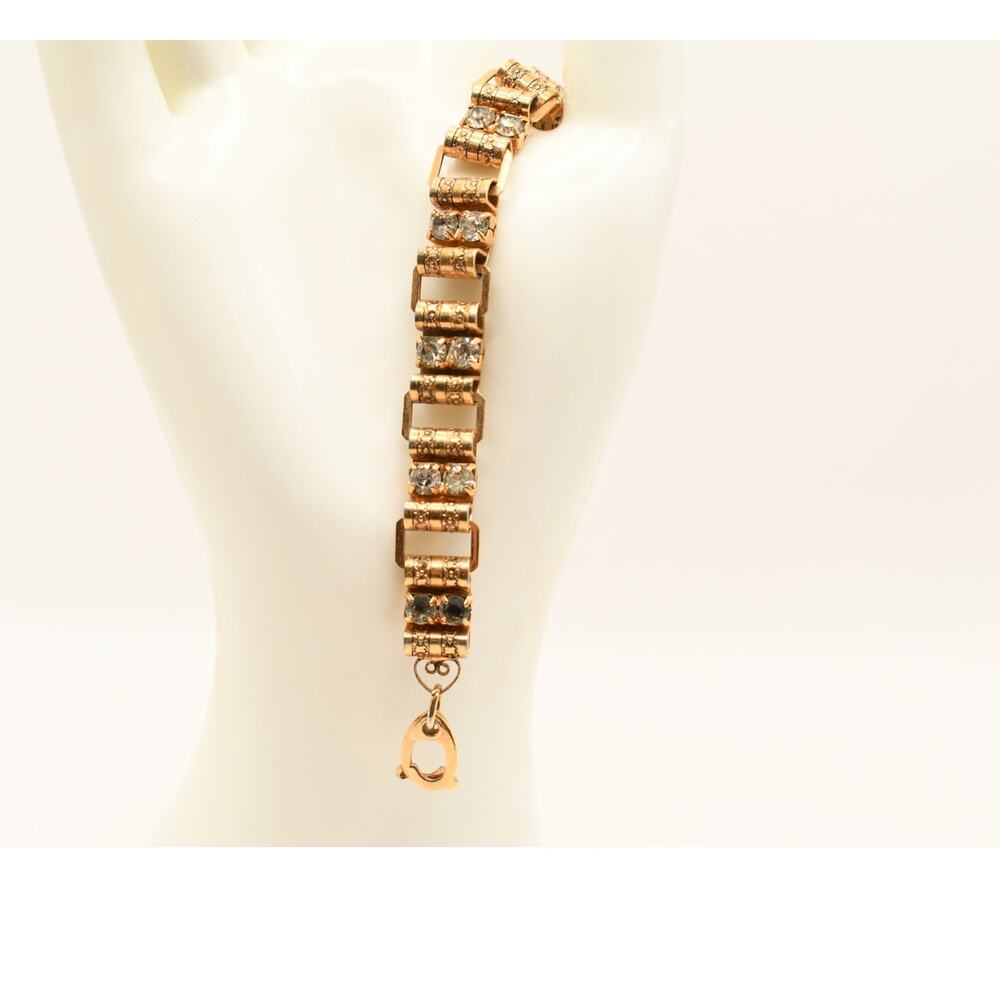 Vintage Book Chain Bracelet Clear Rhinestones Gold Tone Reversible Style